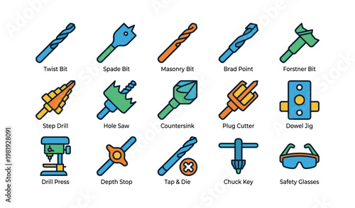 Colorful tool icons featuring bits, drill press, and safety glasses