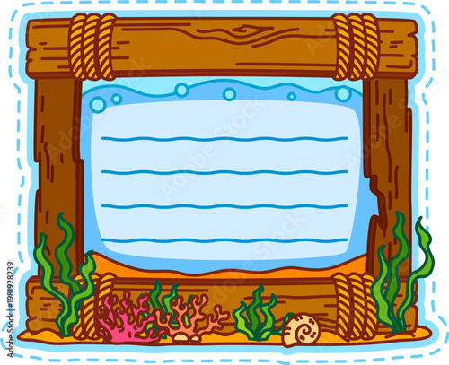 Marine travel, nautical wooden frame kids memo note template. Marine adventure diary frame, ocean bottom scrapbook vector memo note. Kids schedule nautical label with wooden beams, rope and seaweeds