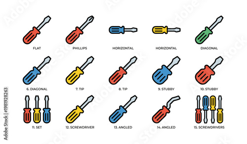 Colorful screwdriver types and varieties illustrated