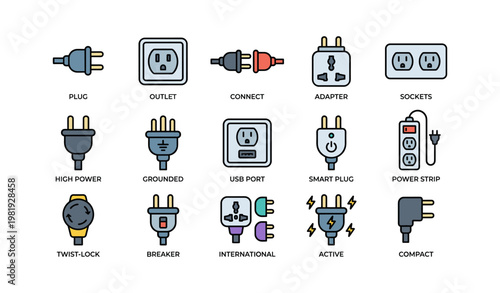 Various electrical plugs and outlets icons set