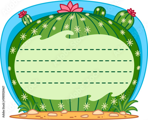 Cactus succulent plant kids memo note frame. Tropical flora kid diary sticker, exotic plant scrapbook vector label. Prickly cactus succulent child schedule memo note or desert blooming cacti frame