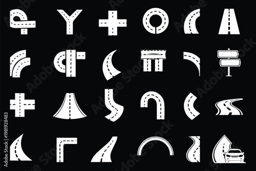 cursor icon. Road and highway icons set, curved and straight street elements collection, asphalt paths, transport routes. road icon set collection with straight curved and junction roadway designs. 