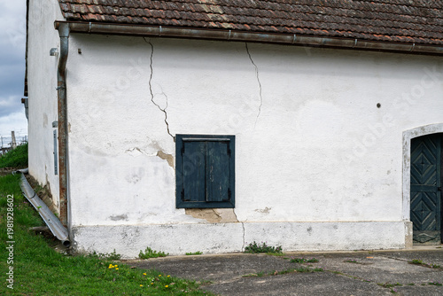 Cracked wall, dark window, and vines