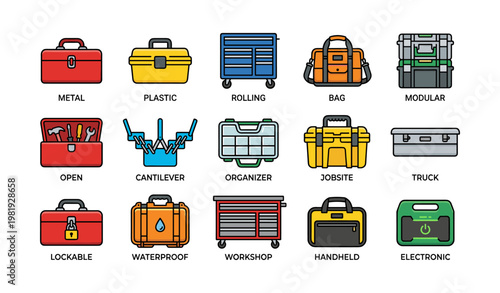 Diverse toolboxes: metal, plastic, rolling, bag, modular, workshop, organizer, handheld