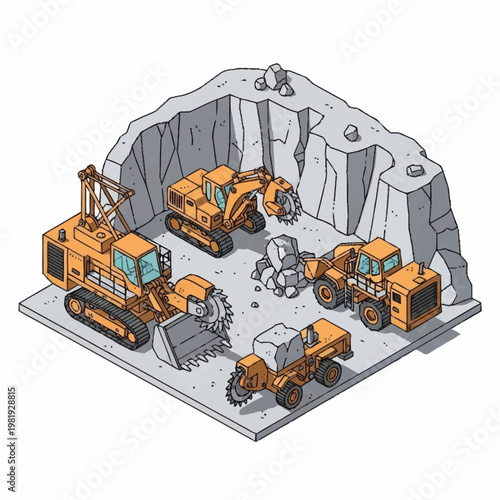 Isometric illustration of heavy mining machinery working in an open-pit mine, extracting minerals and rocks.