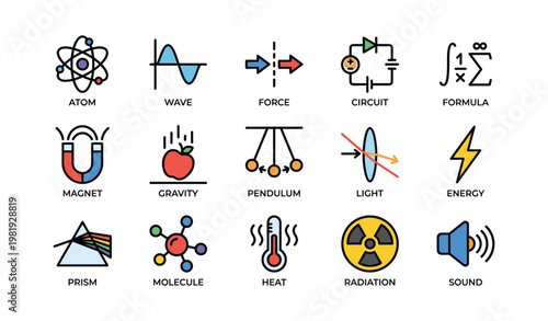 Colorful science icons: atom, circuit, pendulum, and energy symbols