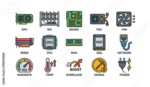 Colorful cryptocurrency mining equipment icons featuring gpu, cpu, and ssd