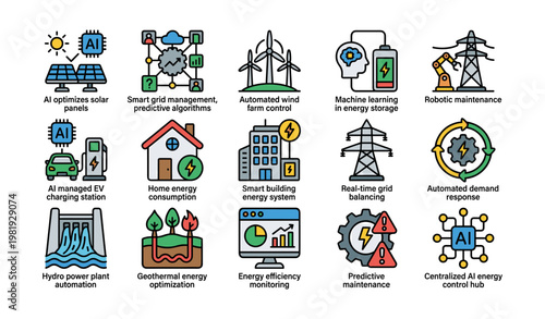 Smart energy solutions and ai technology in power management icon set