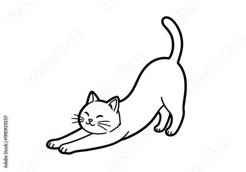 Stretching cat in yoga pose, black line art vector icon