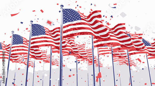 3D vector scene of American flags with confetti, a vibrant illustration celebrating patriotism and national pride
