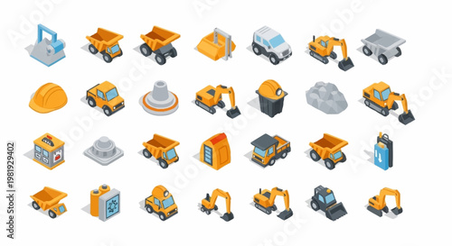 Collection of isometric construction vehicles and equipment icons on a white background.