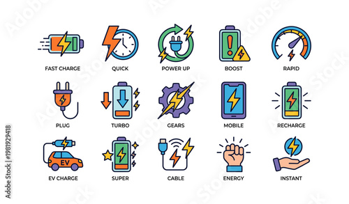 Colorful energy icons including battery, charger, and turbo symbols for fast charging and power boost