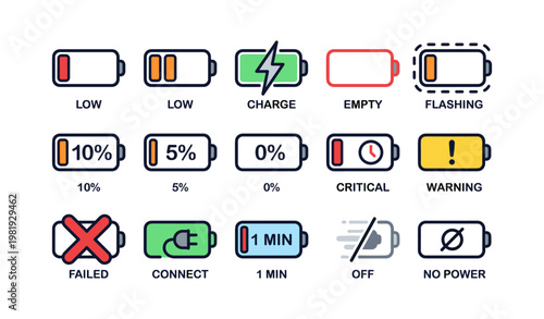 Battery status icons set showing charge, low, empty, warning, and connection indicators