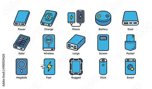 Assorted electronic device icons including power banks and chargers
