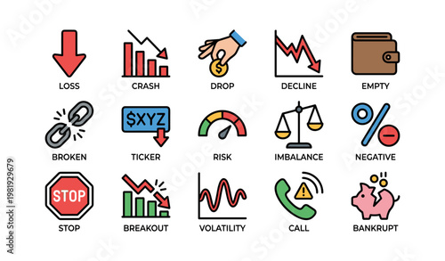 Financial crisis icons illustrating loss, risk, decline, empty wallet, and bankruptcy