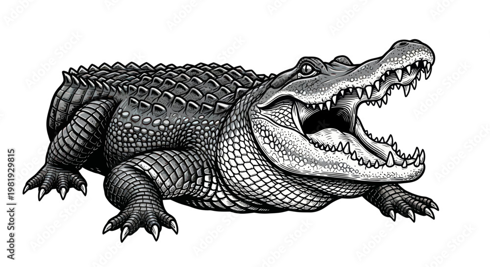 Fototapeta premium Alligator Reptile Open Mouth Aggressive Black and White Illustration