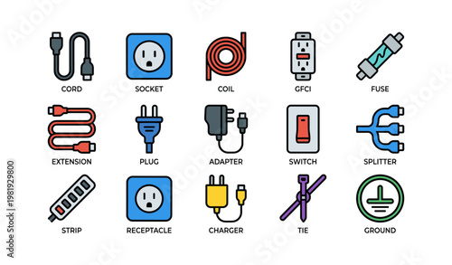 Illustrated electrical components: cords, sockets, plugs, and more