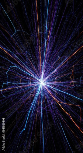 Abstract digital rendering showing particles and energy lines warping inward toward a massive invisible central force field in dark space, core, universe, fundamental