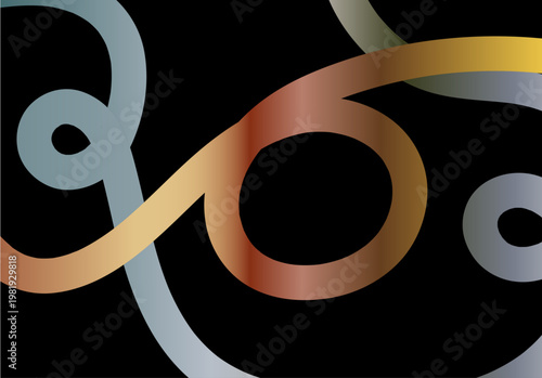Fondo abstracto con cintas curvas entrelazadas en degradado metálico sobre fondo negro