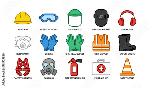 Essential safety equipment icons: hard hat, safety goggles, welding helmet, respirator, first aid kit