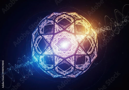 Abstract dynamic energy lattice illustrating the vacuum state in quantum physics, featuring complex geometry and glowing particle interactions, glowing, technology, subatomic