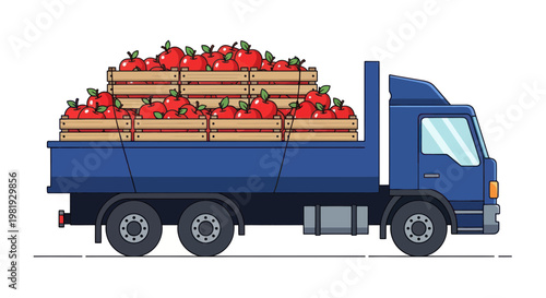 Blue Truck Carrying Crate of Fresh Apples
