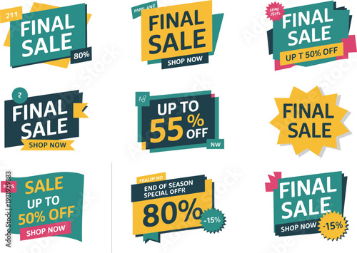 A collection of colorful final sale promotional badges and discount tags for retail marketing campaigns