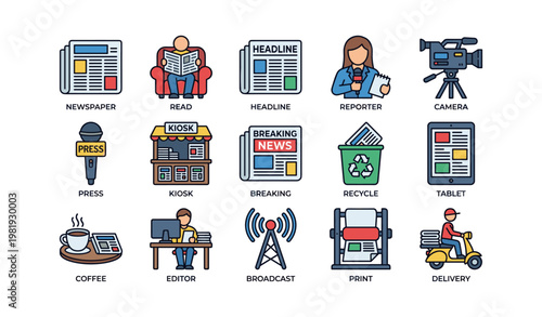 Media and communication icons featuring reporter, camera, and news elements