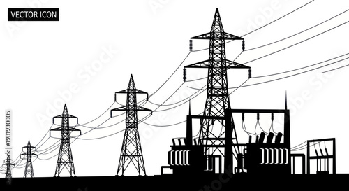 Electric power transmission towers and substation silhouette against white background