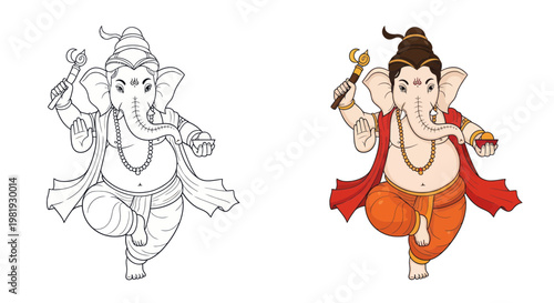 Ganesha Dancing, Hindu Deity, Elephant God, Outline and Colored Version