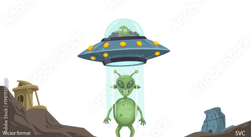 Green Alien Abduction by Flying Saucer on Rocky Planet