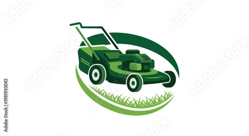 Green Lawn Mower Icon with Grass Swirl - Garden Maintenance and Landscaping Logo