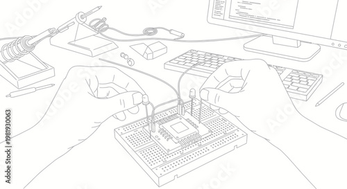 Hands assembling electronic circuit board with computer, soldering iron, breadboard