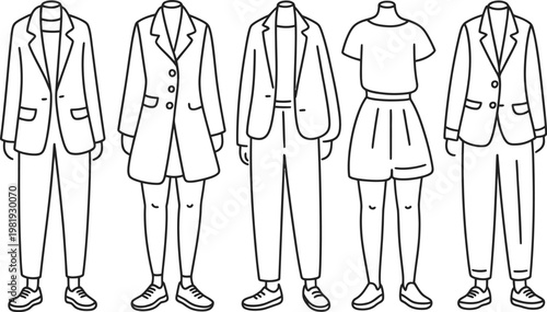 A collection of five different business casual female clothing outfits featuring blazers and matching pants