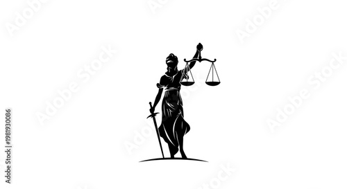 Lady Justice Silhouette with Scales and Sword on White Background