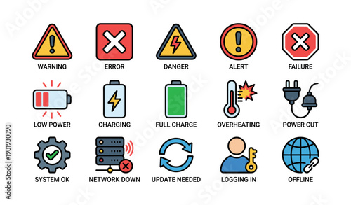 Colorful tech icons for warning, error, and system status alerts