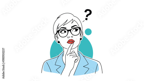 Thoughtful young woman with short blonde hair and glasses touches her chin while thinking about a question mark above her.