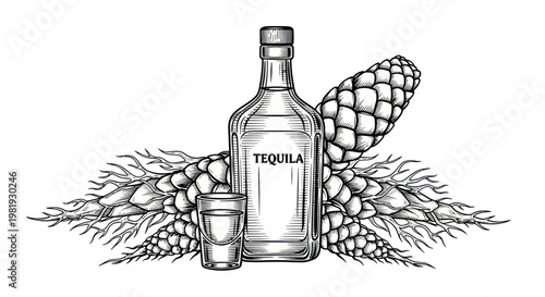 Tequila Bottle and Shot Glass with Agave Plants - Hand Drawn Illustration