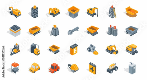 Collection of isometric construction vehicles and equipment icons on a white background.
