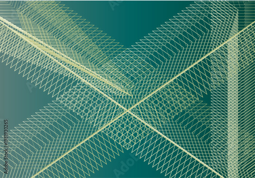 Fondo abstracto con patrón de rejilla geométrica y líneas cruzadas en tonos verde azulado