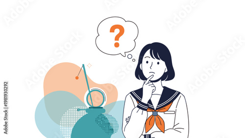 Thoughtful high school girl in a sailor uniform touches her chin while looking up at a question mark inside a bubble.