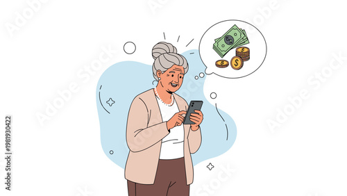 Happy senior woman looks at her smartphone screen and smiles while thinking about cash and gold coins in a thought bubble.