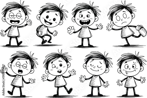 A collection of funny cartoon boy characters expressing various moods and emotions in a simple style