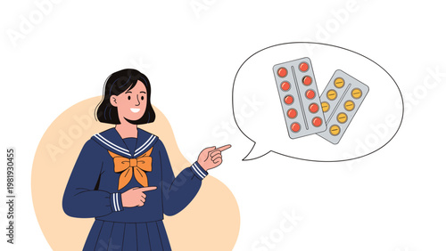 Smiling schoolgirl in a navy sailor uniform points toward a thought bubble containing two blister packs of medical pills.