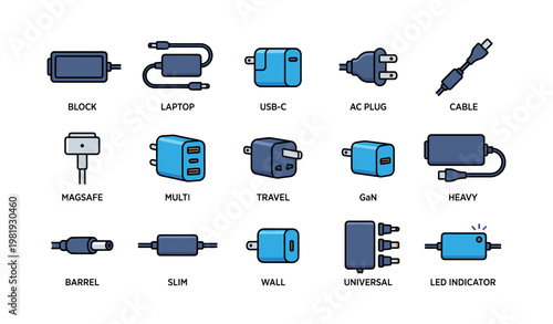 Various electronic charger plugs and adapters with labels