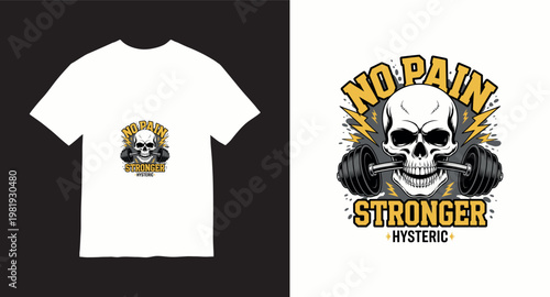 No pain stronger t-shirt design with skull and dumbbells.