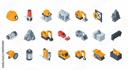 Set of isometric mining industry icons and elements including excavators, helmets, and rocks.