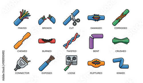 Various types of cable damage illustrated with icons