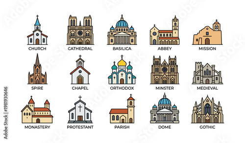 Icon set of various church and cathedral architectural styles