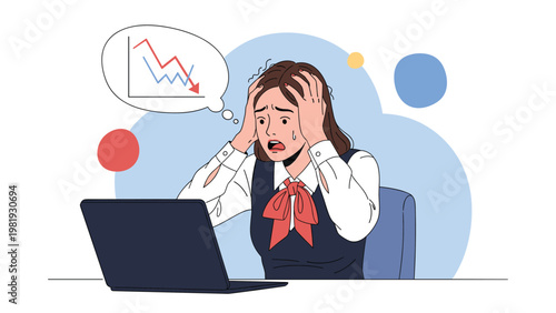 Stressed schoolgirl at a laptop looks panicked while thinking about a falling line graph representing bad grade scores.